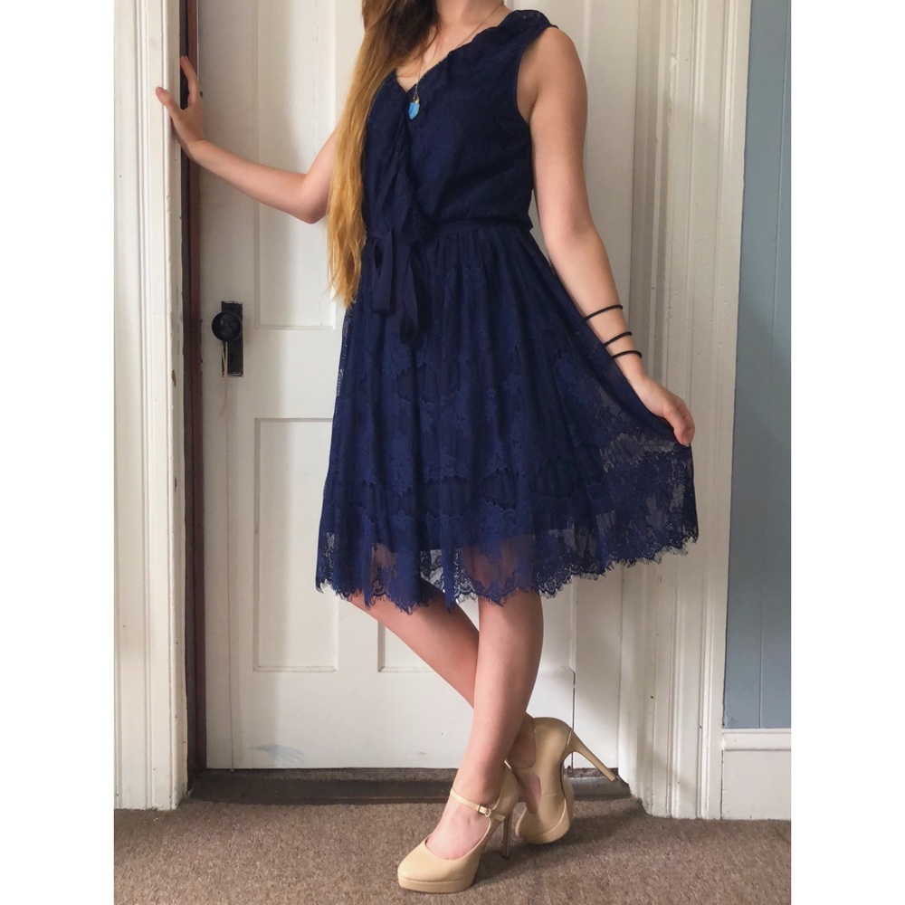 Navy Blue Midi Dress with Lace/Ruffles